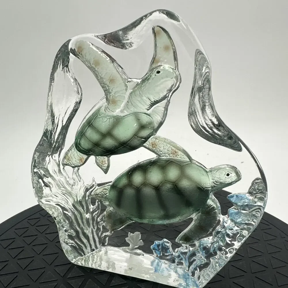 Vintage Clear Glass with Green Sea Turtles Paperweight